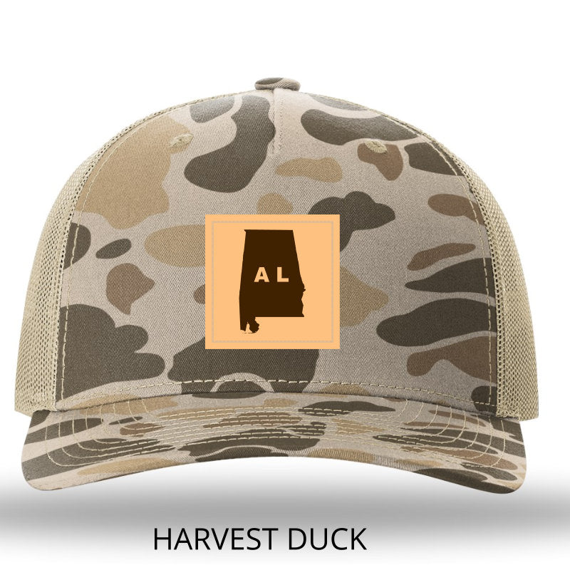 Alabama Outline Rectangle Leather Patch Harvest Duck Camo/Light Tan Richardson 112PFP Snapback Trucker Hat Lost Wando Outfitters