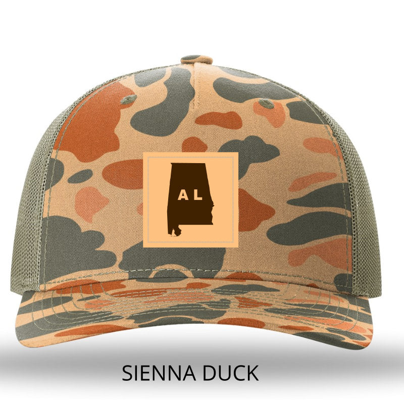 Alabama Outline Rectangle Leather Patch Sienna Duck Camo/Loden Richardson 112PFP Snapback Trucker Hat Lost Wando Outfitters