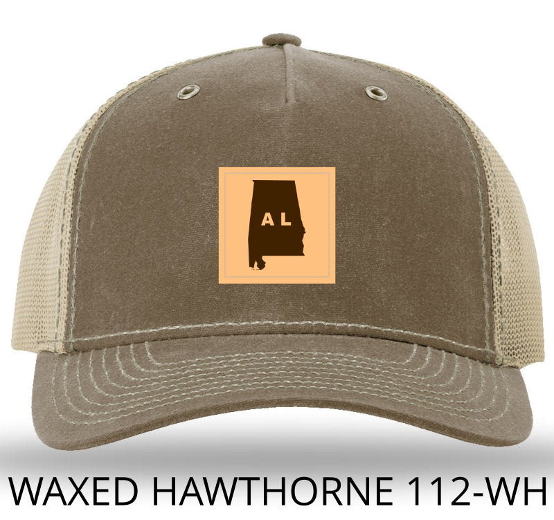 Alabama Outline Rectangle Leather Patch Buck/Khaki Richardson 112WH Waxed Hawthorne Rugged Snapback Trucker Hat Lost Wando Outfitters