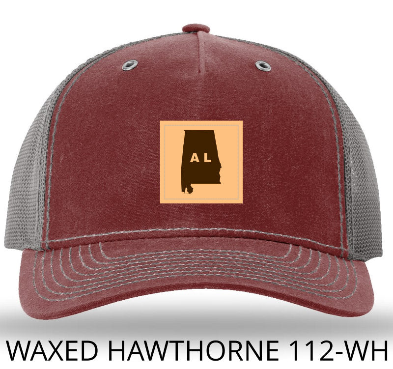 Alabama Outline Rectangle Leather Patch Burnt Red/Charcoal Richardson 112WH Waxed Hawthorne Rugged Snapback Trucker Hat Lost Wando Outfitters