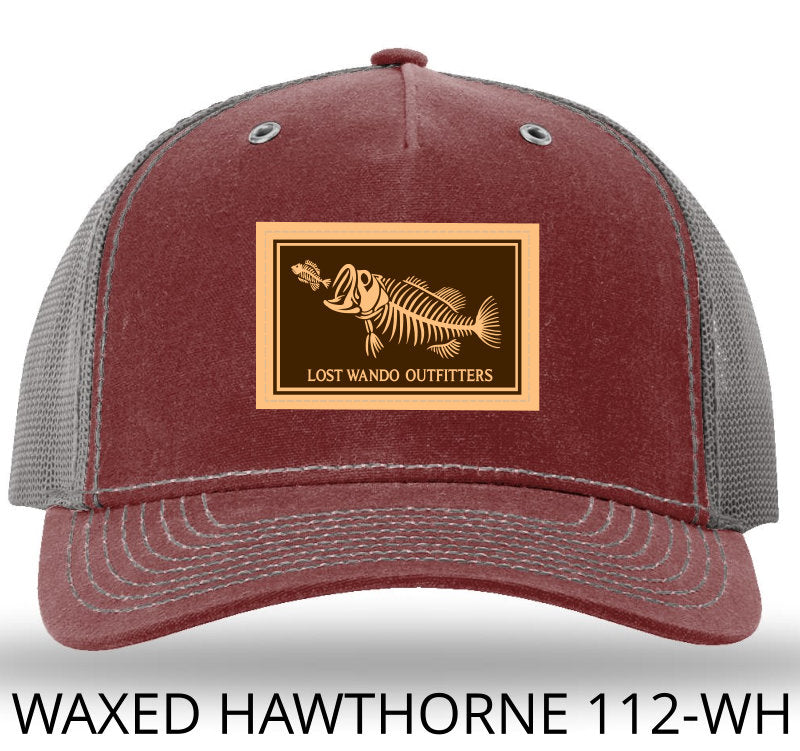 Bone Fish Leather Patch Burnt Red/Charcoal Richardson 112WH Waxed Hawthorne Rugged Snapback Trucker Hat Lost Wando Outfitters