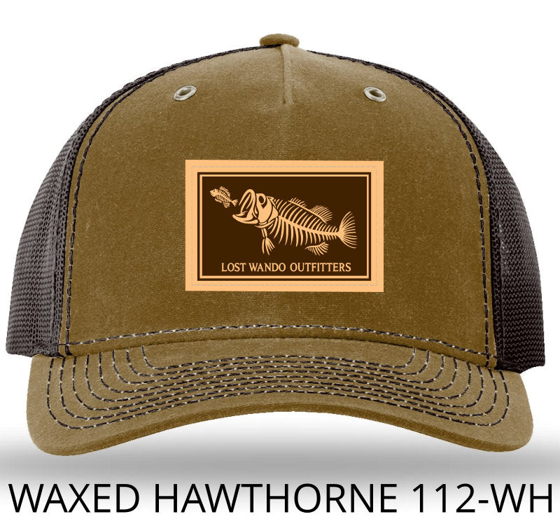 Bone Fish Leather Patch Whiskey/Brown Richardson 112WH Waxed Hawthorne Rugged Snapback Trucker Hat Lost Wando Outfitters
