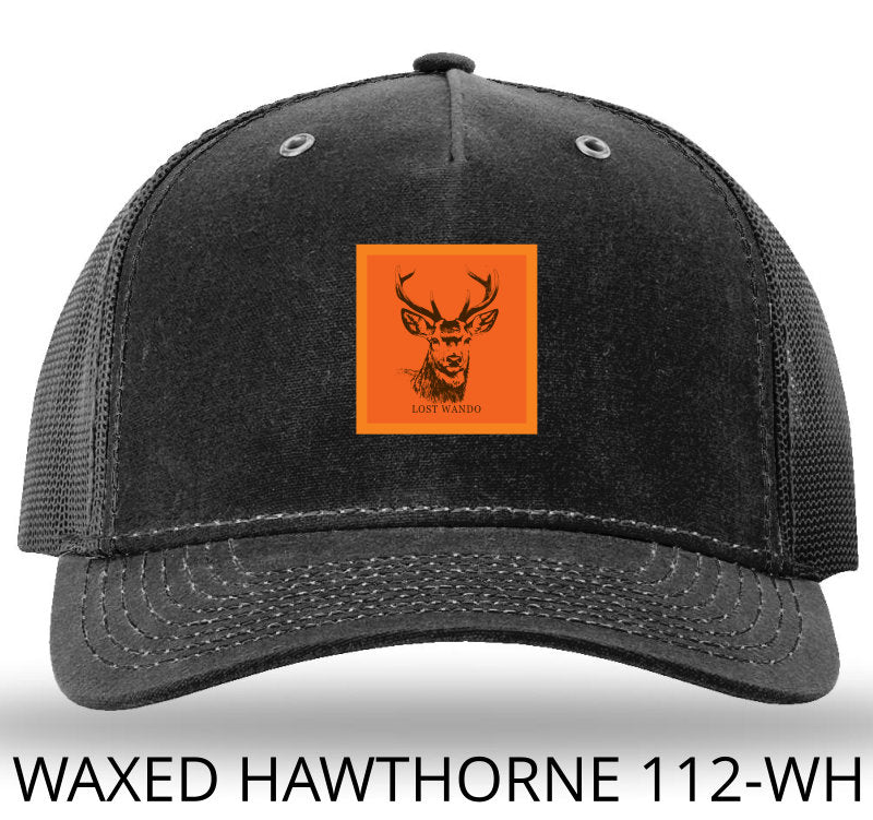 Buck -Orange Woven Patch- Black/Black Richardson 112WH Waxed Hawthorne Rugged Snapback Trucker Hat Lost Wando Outfitters