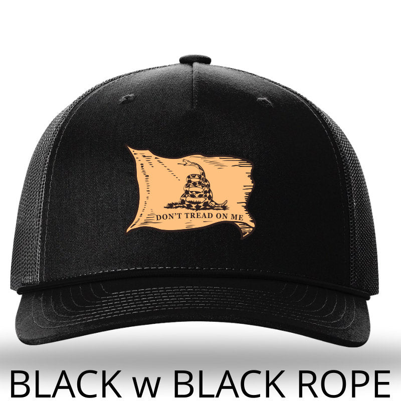 Don't Tread On Me Gadsden Flag - Leather Patch- Black-Black Rope Richardson 112FPR Snapback Trucker Hat-Lost Wando Outfitters