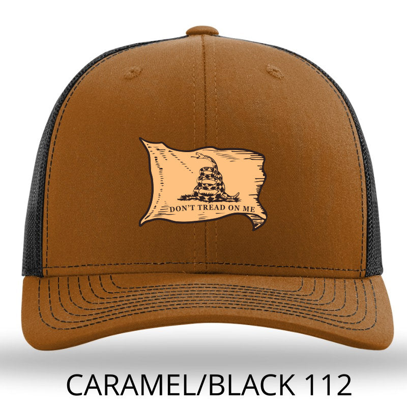 Don't Tread On Me Gadsden Flag - Leather Patch- Caramel-Black Richardson 112 Snapback Trucker Hat-Lost Wando Outfitters