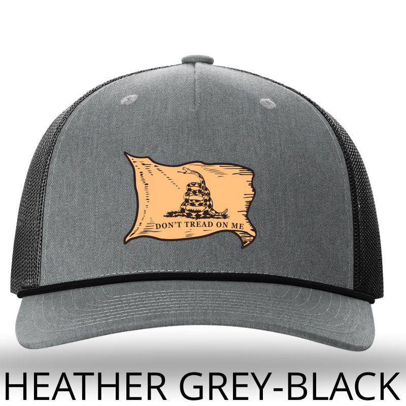Don't Tread On Me Gadsden Flag - Leather Patch- Heather Grey-Black Rope Richardson 112FPR Snapback Trucker Hat-Lost Wando Outfitters
