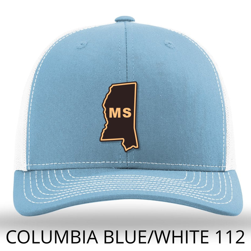 Mississippi State Outline Etched Leather Patch Hat-Columbia Blue-White on Richardson 112 - Lost Wando Outfitters