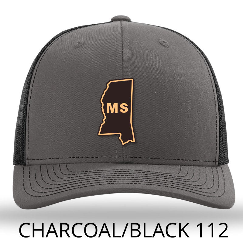 Mississippi State Outline Etched Leather Patch Hat-Charcoal-Black on Richardson 112 - Lost Wando Outfitters