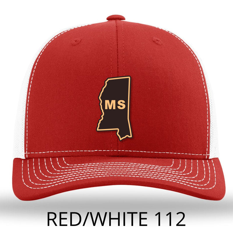 Mississippi State Outline Etched Leather Patch Hat-Red-White on Richardson 112 - Lost Wando Outfitters