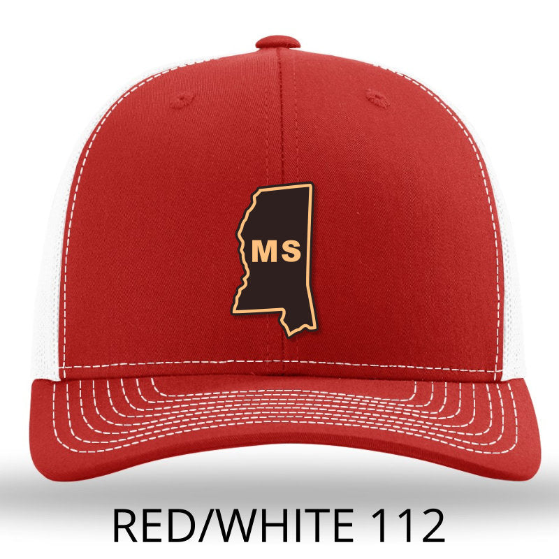 Mississippi State Outline Etched Leather Patch Hat-Red-White on Richardson 112 - Lost Wando Outfitters