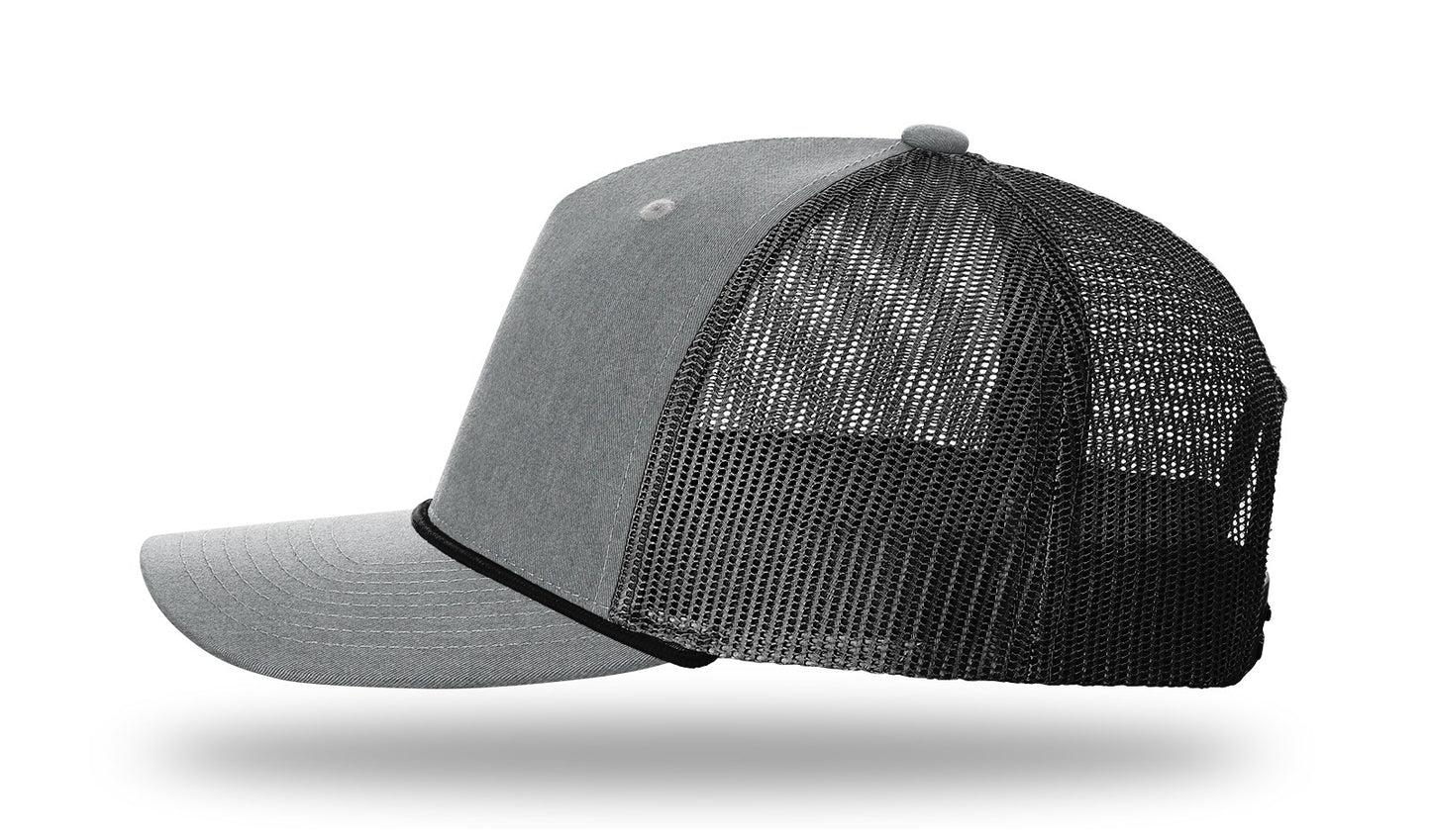 Don't Tread On Me Gadsden Flag - Leather Patch- Heather Grey-Black Rope Richardson 112FPR Snapback Trucker Hat-Lost Wando Outfitters