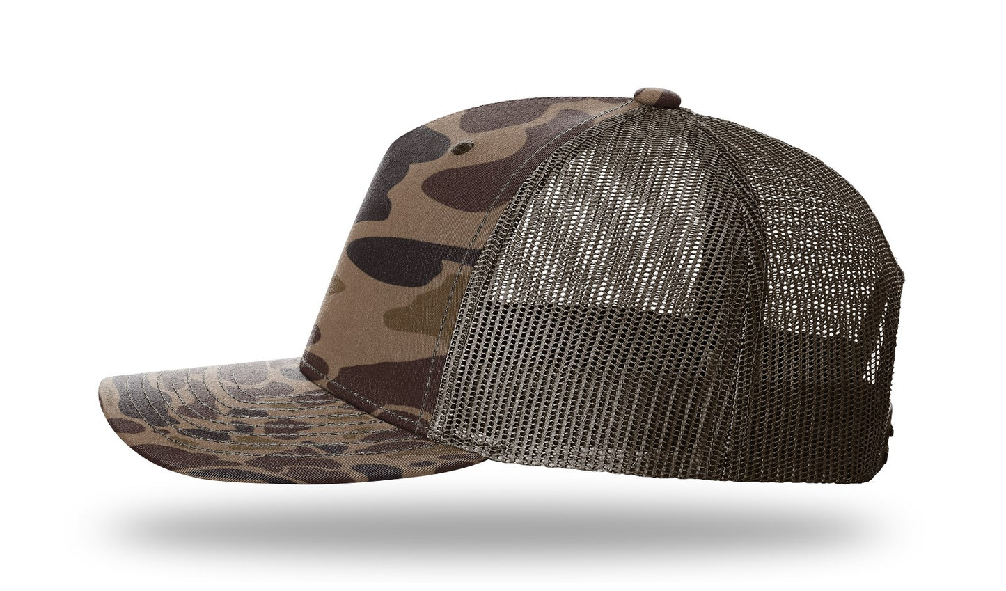 Wood Duck Leather Patch Bark Duck Camo-Brown Richardson 112PFP Snapback Trucker Hat Lost Wando Outfitters