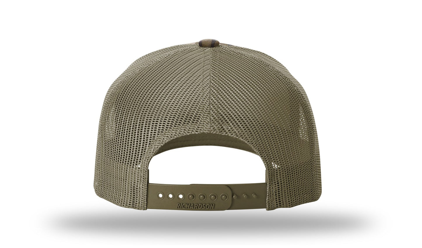 NC Outline Rectangle Leather Patch -Mossy Oak Bottomland Camo/Loden Richardson 112 Snapback Trucker Hat Lost Wando Outfitters