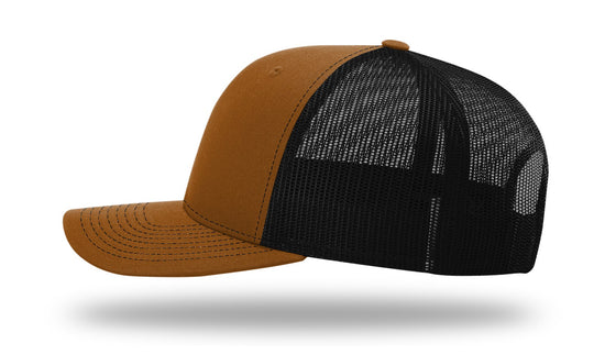 Marsh Lab Leather Patch Caramel/Black Richardson 112 Snapback Trucker Hat Lost Wando Outfitters