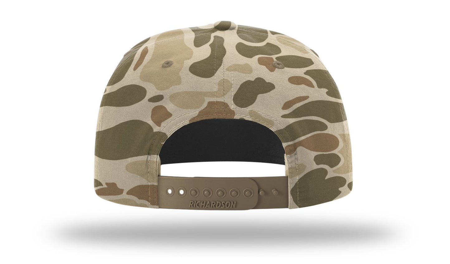 Wood Duck leather Patch -Harvest Duck Camo with Light Brown Braided Rope 256 Umpqua Flat Bill Richardson Hat Lost Wando Outfitters