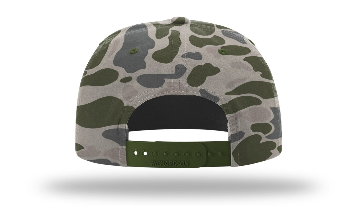 Largemouth Bass Color Patch -Marsh Duck Camo with Army Olive Braided Rope 256 Umpqua Flat Bill Richardson Hat Lost Wando Outfitters