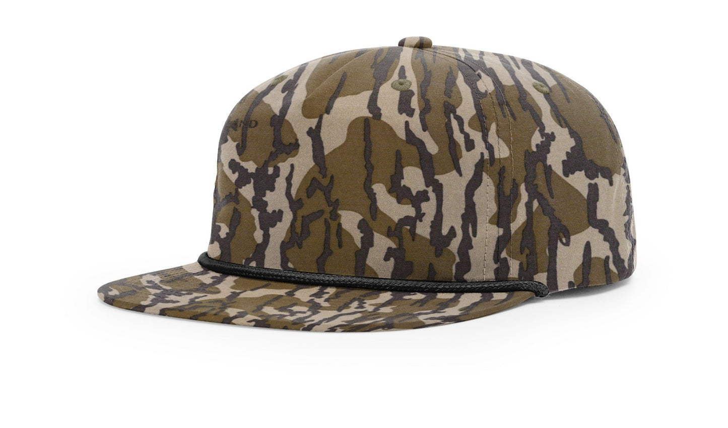 Largemouth Bass Color Patch -MossyOak Bottomland Camo with Black Rope 256 Umpqua Flat Bill Richardson Hat Lost Wando Outfitters