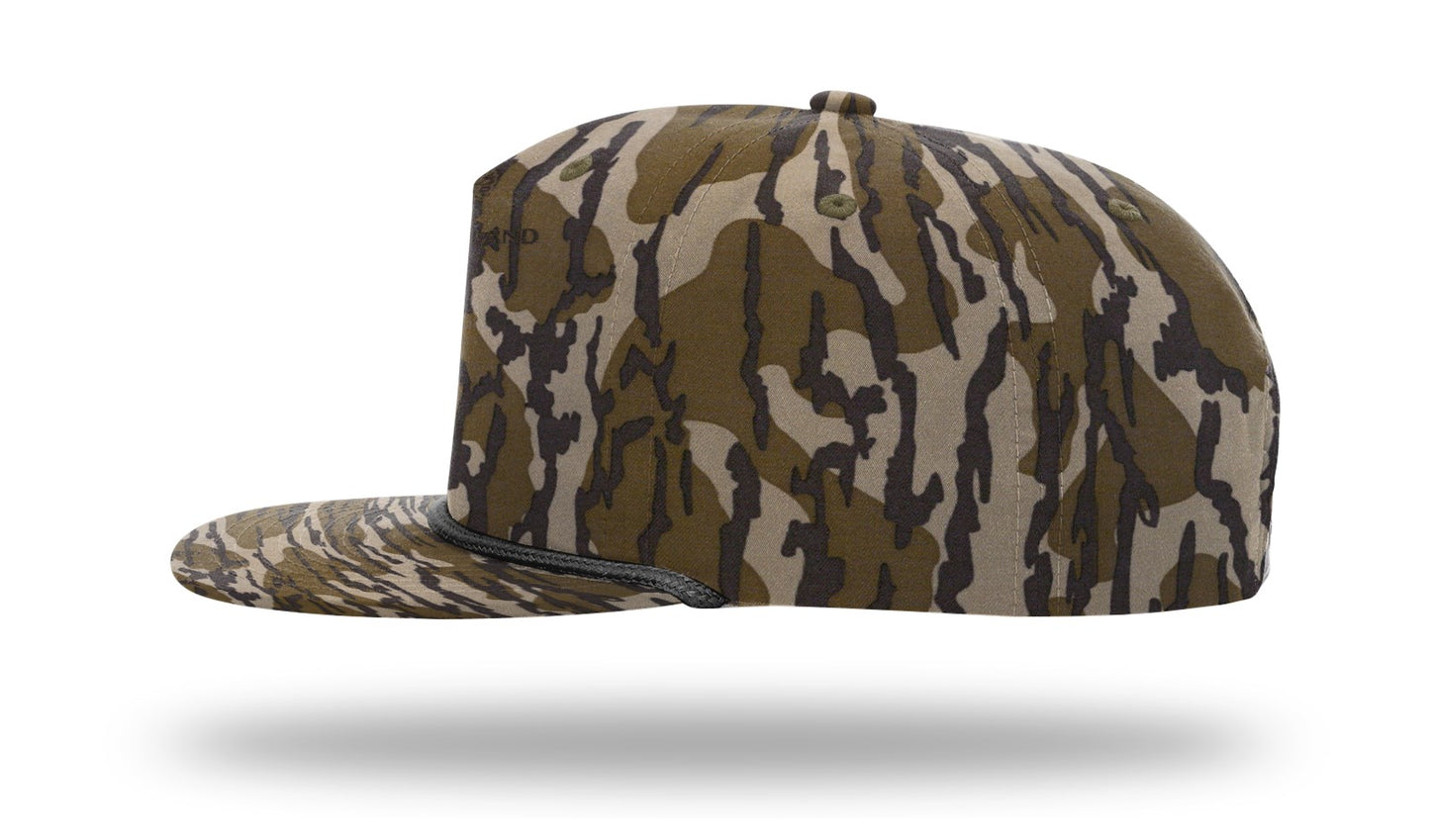 Bonefish Bass Leather Patch -MossyOak Bottomland Camo with Black Rope 256 Umpqua Flat Bill Richardson Hat Lost Wando Outfitters