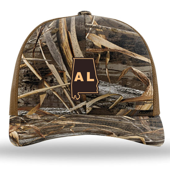 Alabama State Outline Etched Leather Patch -Realtree Max7 Camo-Buck Richardson 112PFP Snapback Trucker Hat Lost Wando Outfitters