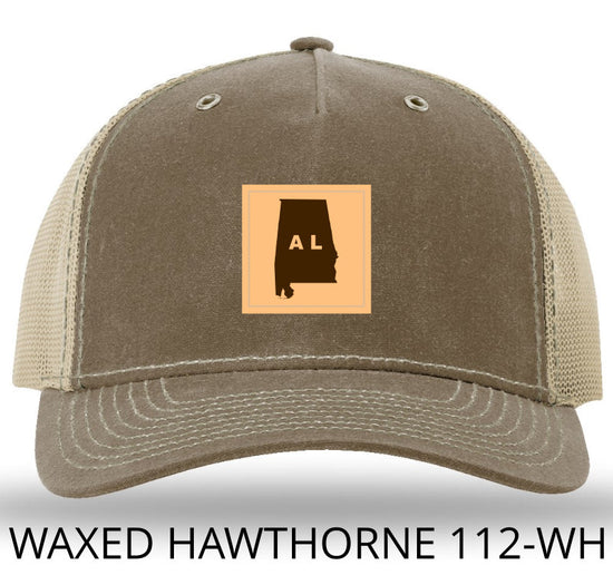 Alabama Outline Rectangle Leather Patch Buck/Khaki Richardson 112WH Waxed Hawthorne Rugged Snapback Trucker Hat Lost Wando Outfitters