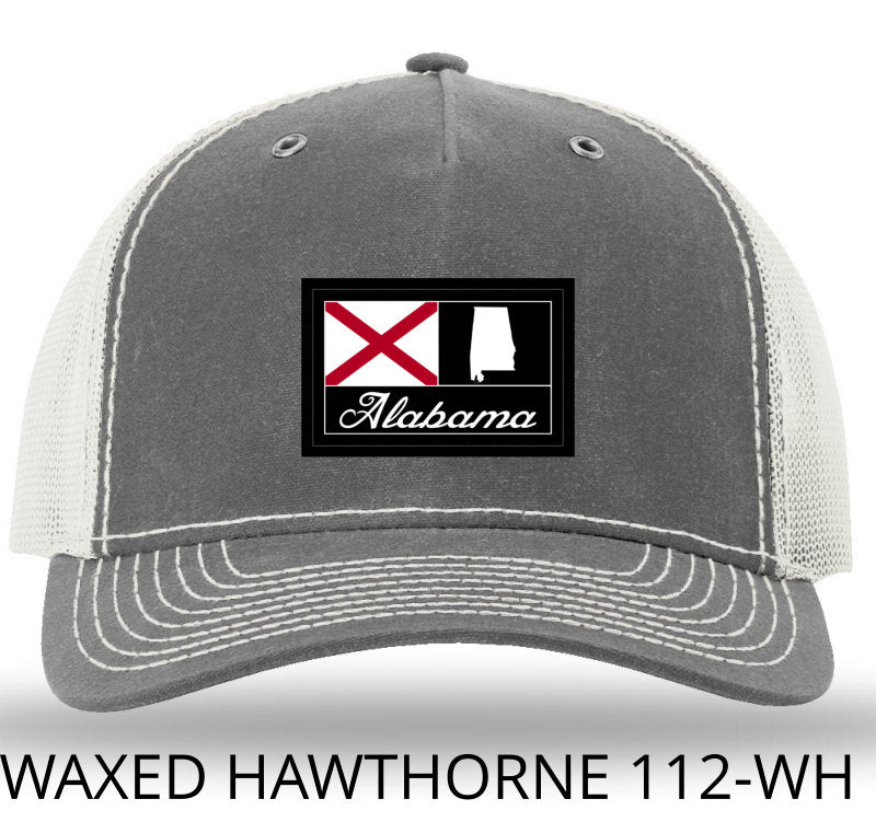 Alabama Woven Patch Rhino/Light Grey Richardson 112WH Waxed Hawthorne Rugged Snapback Trucker Hat- Lost Wando Outfitters