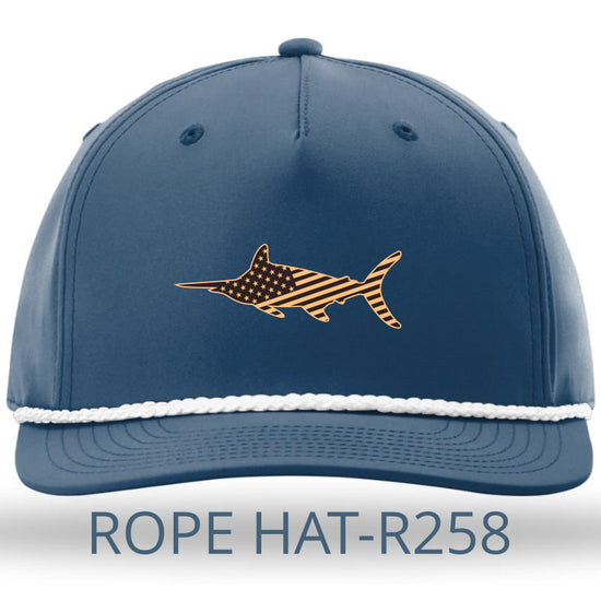 American Marlin - Leather Patch - Light Blue with White Rope Richardson 258 Snapback Trucker Hat Lost Wando Outfitters