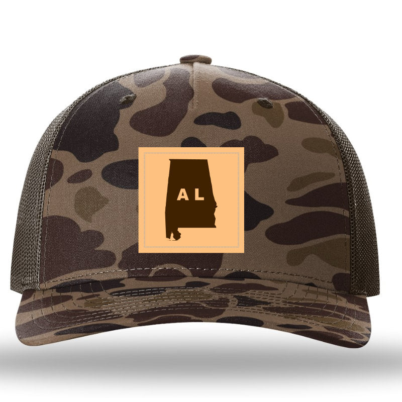 Alabama Outline Rectangle Leather Patch Bark Duck Camo-Brown Richardson 112PFP Snapback Trucker Hat Lost Wando Outfitters