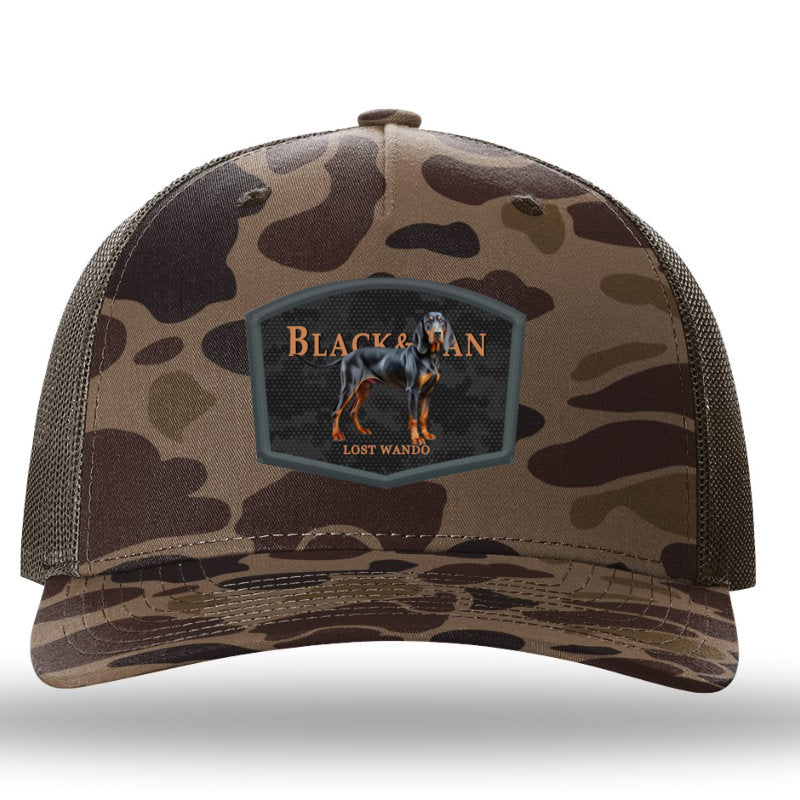 Black and Tan Hound Color Patch Bark Duck Camo/Brown Richardson 112PFP Snapback Trucker Hat Lost Wando Outfitters