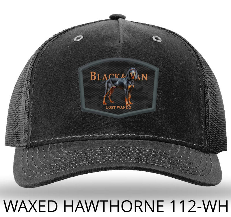 Black and Tan Hound Color Patch Black/Black Richardson 112WH Waxed Hawthorne Rugged Snapback Trucker Hat Lost Wando Outfitters