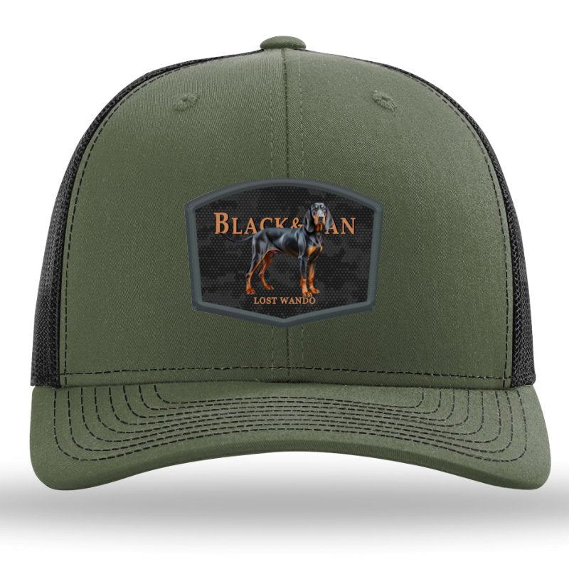 Black and Tan Hound Color Patch Heather Loden/Black Richardson 112 Snapback Trucker Hat Lost Wando Outfitters