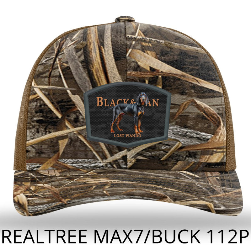Black and Tan Hound Color Patch Real Tree Max7 Camo/Buck Richardson 112PFP Snapback Trucker Hat Lost Wando Outfitters