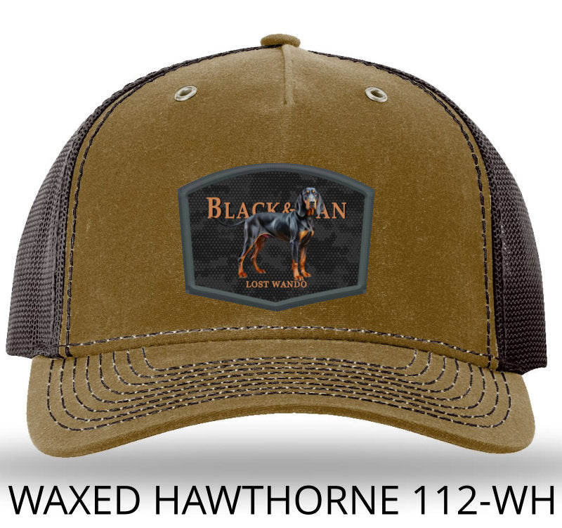 Black and Tan Hound Color Patch Whiskey/Brown Richardson 112WH Waxed Hawthorne Rugged Snapback Trucker Hat Lost Wando Outfitters