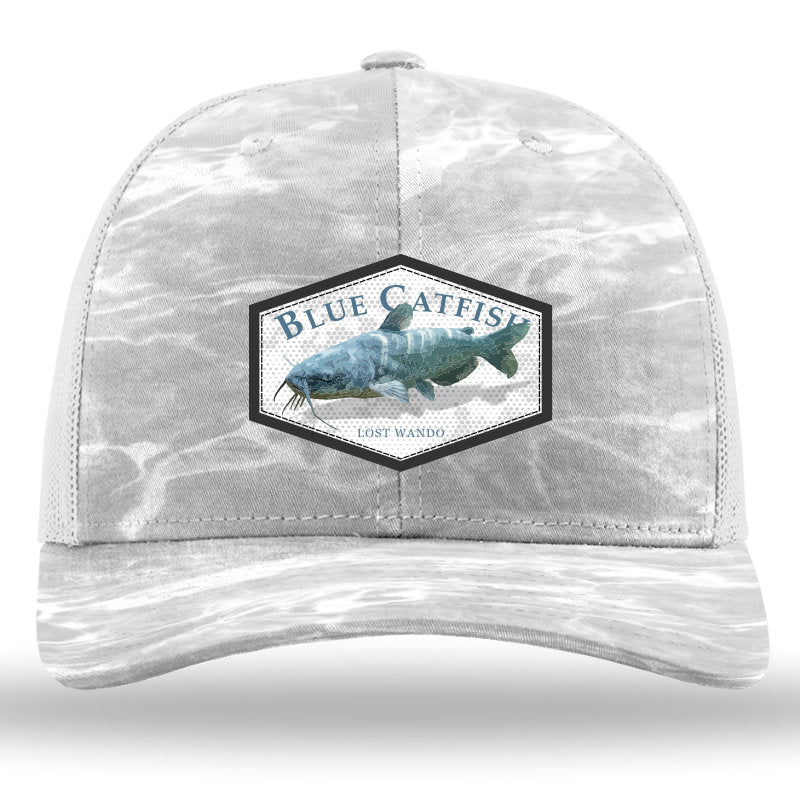 Blue Catfish Color Hat - Mossy Oak Elements Bonefish Camo/Light Grey Richardson Sports 112PFP Trucker Snapback Hat Lost Wando Outfitters