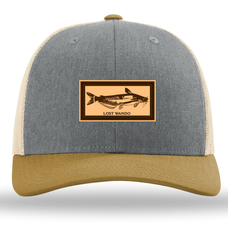 Load image into Gallery viewer, Blue Catfish - Leather Patch Hat - Heather Grey-Birch-Amber Gold Richardson Sports 112 Trucker Snapback Lost Wando Outfitters
