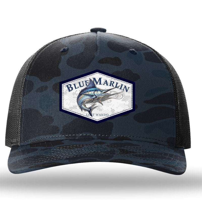 Blue Marlin Color Patch -Admiral Duck Camo/Black Richardson 112PFP Snapback Trucker Hat Lost Wando Outfitters