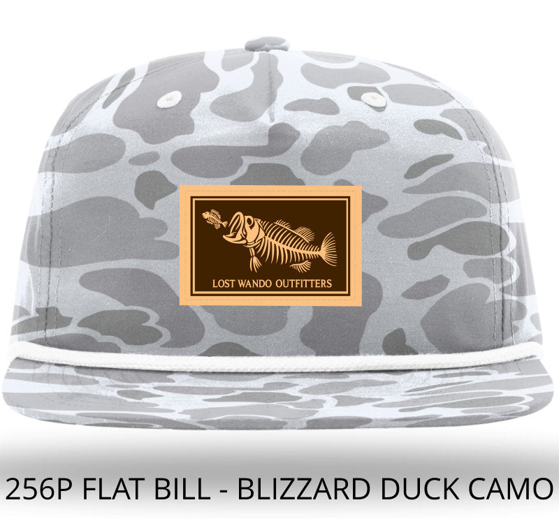 Bonefish Bass Leather Patch -Blizzard Duck Camo with White Rope 256 Umpqua Flat Bill Richardson Hat Lost Wando Outfitters