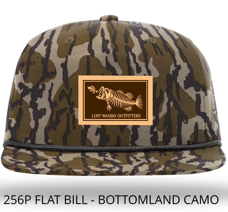 Bonefish Bass Leather Patch -MossyOak Bottomland Camo with Black Rope 256 Umpqua Flat Bill Richardson Hat Lost Wando Outfitters