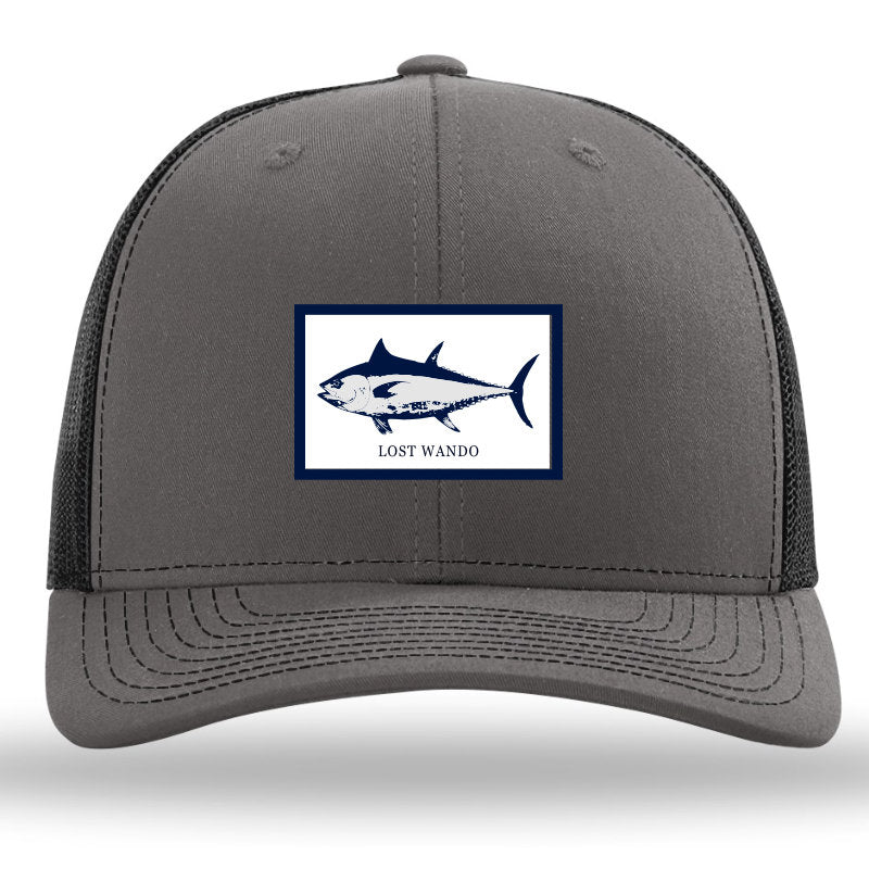 Load image into Gallery viewer, Tuna Woven Patch Heather Grey-Black Richardson Sports 112 Trucker Snapback Lost Wando Outfitters
