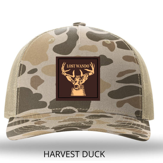 Buck Leather Patch -Harvest Duck Camo-Light Tan- Richardson 112PFP Snapback Trucker Hat Lost Wando Outfitters
