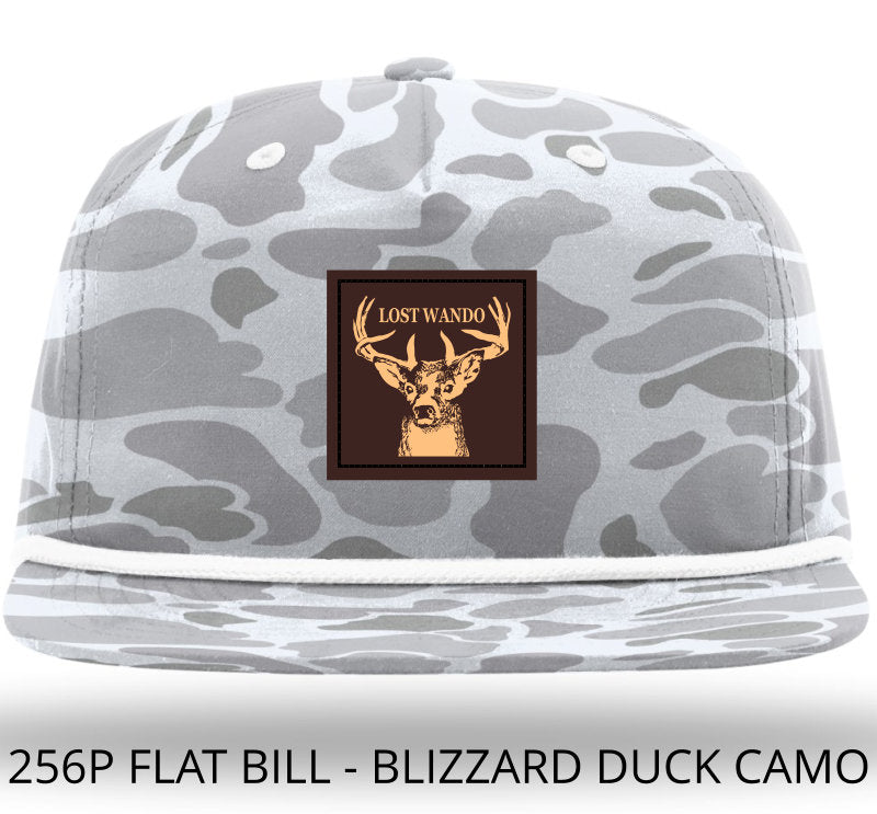 Trophy Buck Leather Patch -Blizzard Duck Camo with White Rope 256 Umpqua Flat Bill Richardson Hat Lost Wando Outfitters