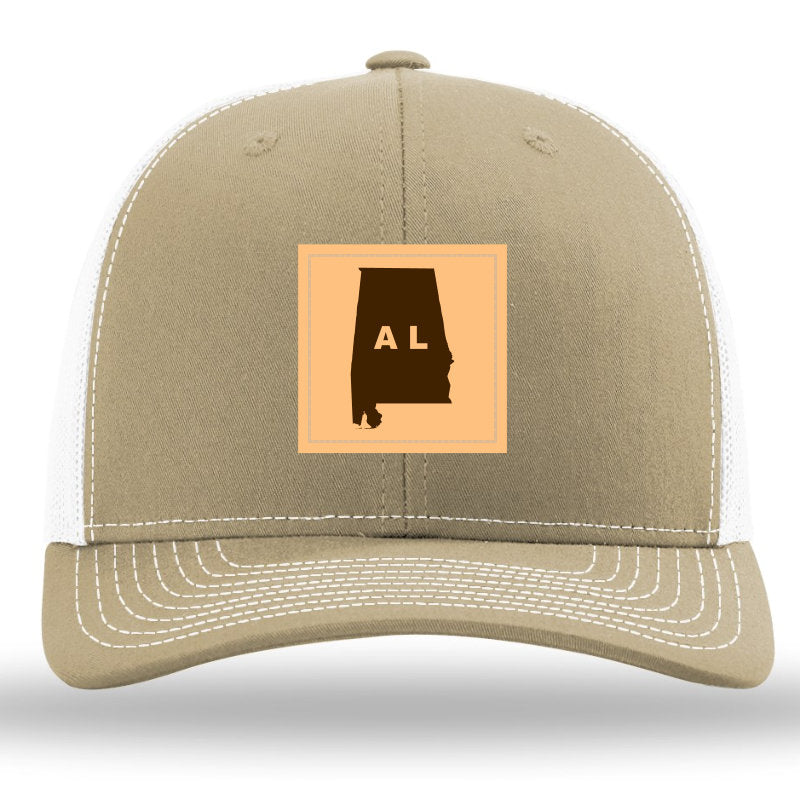 Alabama Outline Rectangle Leather Patch Khaki/White Richardson 112 Snapback Trucker Hat Lost Wando Outfitters - Lost Wando Outfitters