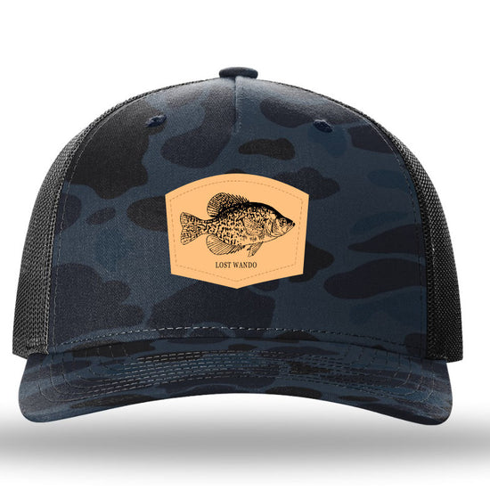 Crappie Leather Patch Admiral Duck Camo-Charcoal Richardson 112PFP Snapback Trucker Hat Lost Wando Outfitters