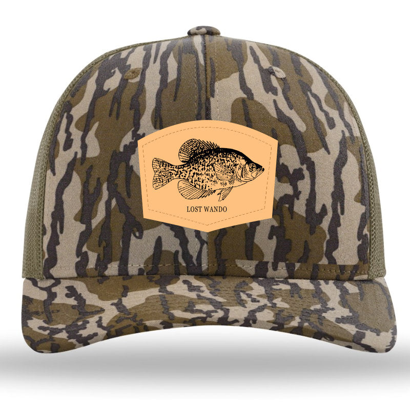 Crappie Leather Patch Mossy Oak Bottomland Camo-Loden Richardson 112PFP Snapback Trucker Hat Lost Wando Outfitters