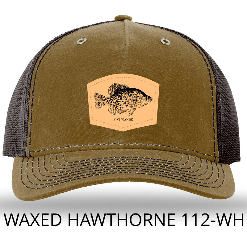 Crappie Leather Patch Whiskey/Brown Richardson 112WH Waxed Hawthorne Rugged Snapback Trucker Hat Lost Wando Outfitters - Lost Wando Outfitters