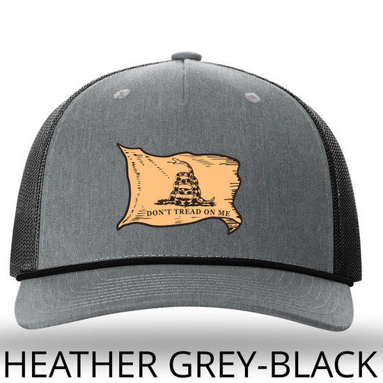 Don't Tread On Me Gadsden Flag - Leather Patch- Heather Grey-Black Rope Richardson 112FPR Snapback Trucker Hat-Lost Wando Outfitters
