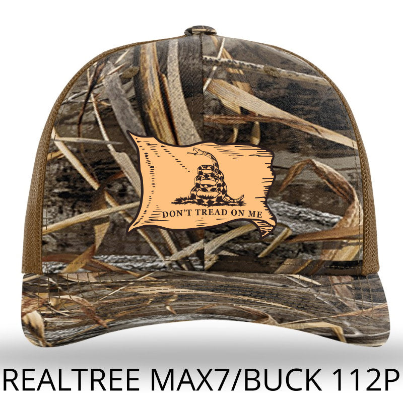 Don't Tread On Me Gadsden Flag -Leather Patch- Realtree Max7/Buck Richardson 112PFP Snapback Trucker Hat Lost Wando Outfitters - Lost Wando Outfitters