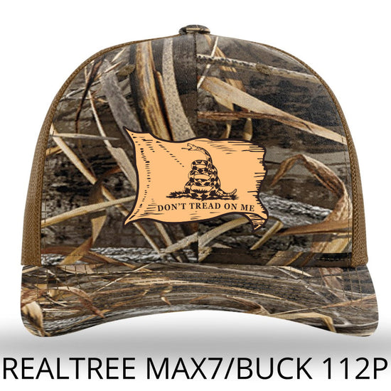 Don't Tread On Me Gadsden Flag -Leather Patch- Realtree Max7/Buck Richardson 112PFP Snapback Trucker Hat Lost Wando Outfitters