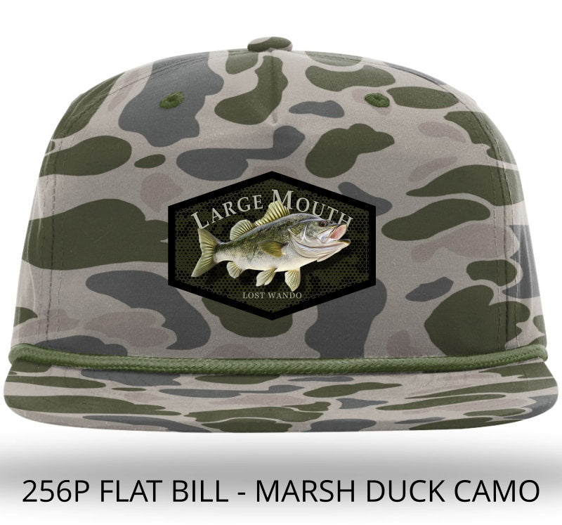 Largemouth Bass Color Patch -Marsh Duck Camo with Army Olive Braided Rope 256 Umpqua Flat Bill Richardson Hat Lost Wando Outfitters