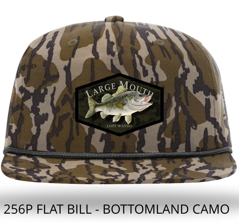 Largemouth Bass Color Patch -MossyOak Bottomland Camo with Black Rope 256 Umpqua Flat Bill Richardson Hat Lost Wando Outfitters