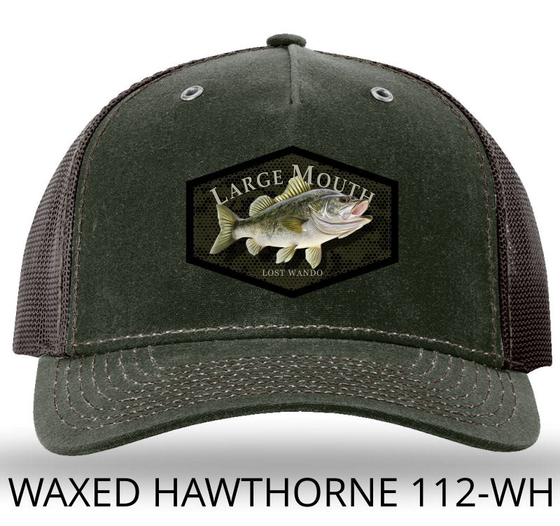 Large Mouth Bass Color Patch -Dark Olive-Brown Rugged Waxed Hawthorne Richardson Sports 112WH Snapback Trucker Hat Lost Wando Outfitters